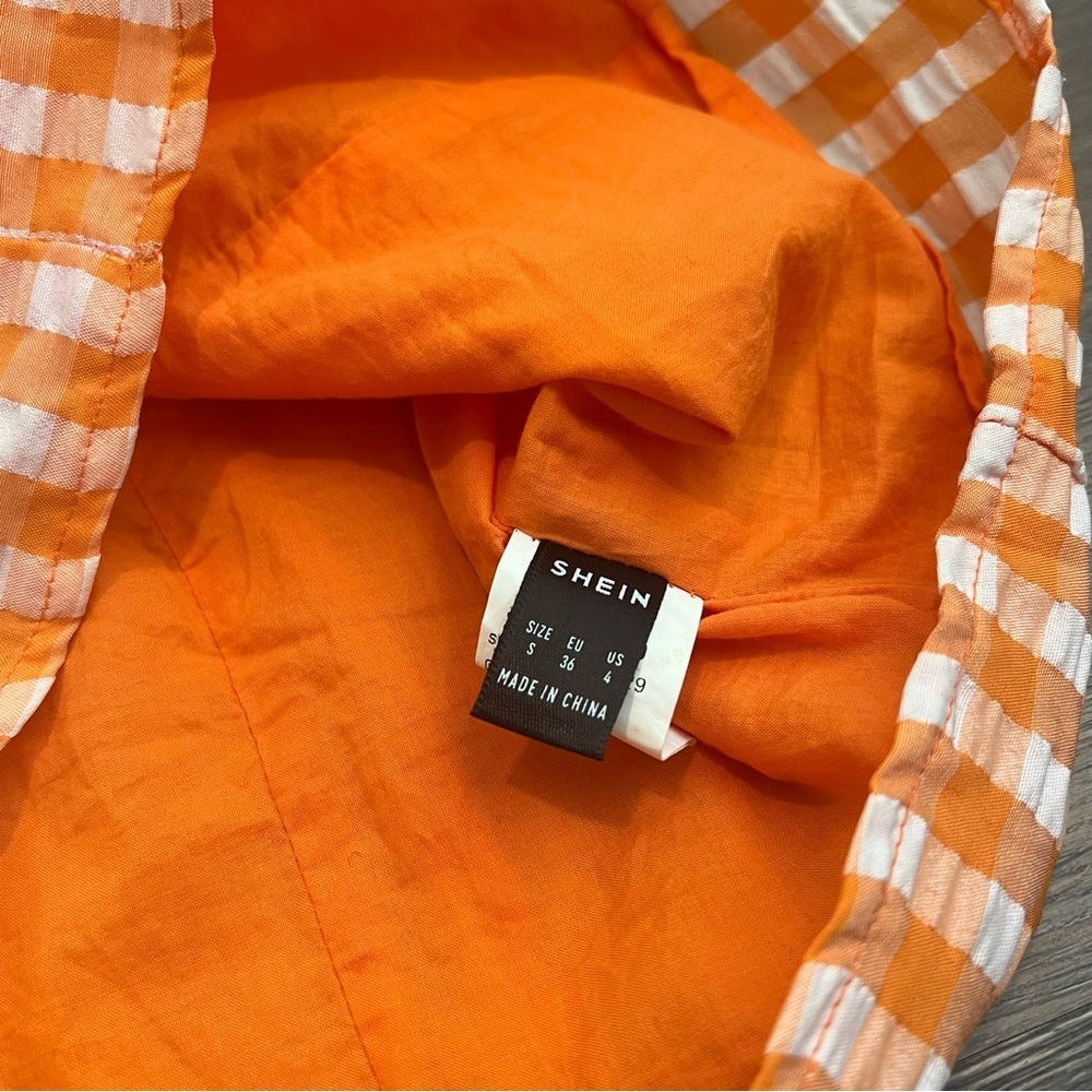 Orange Gingham Puff Sleeve Mini Dress Size Small Sweetheart Neck Boho Summer - Picture 7 of 9